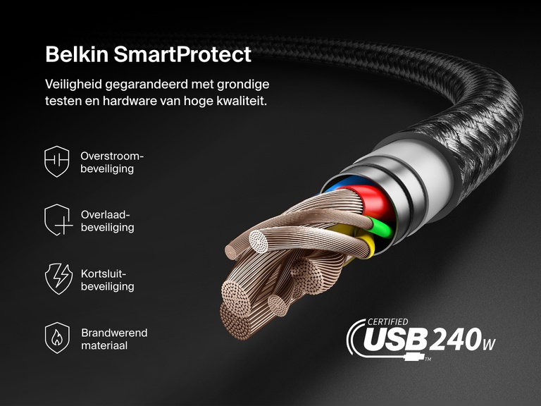 De Belkin BoostCharge 240 W USB-C naar USB-C-kabel biedt bescherming tegen overstroom, overbelasting en kortsluiting. Daarnaast is de kabel gemaakt van brandvertragende materialen voor veilig opladen met een hoog vermogen.