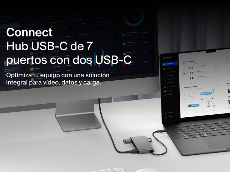 Belkin Connect 7-Port USB-C Hub with Dual USB-C Ports connected to a laptop and monitor on a desk setup.
