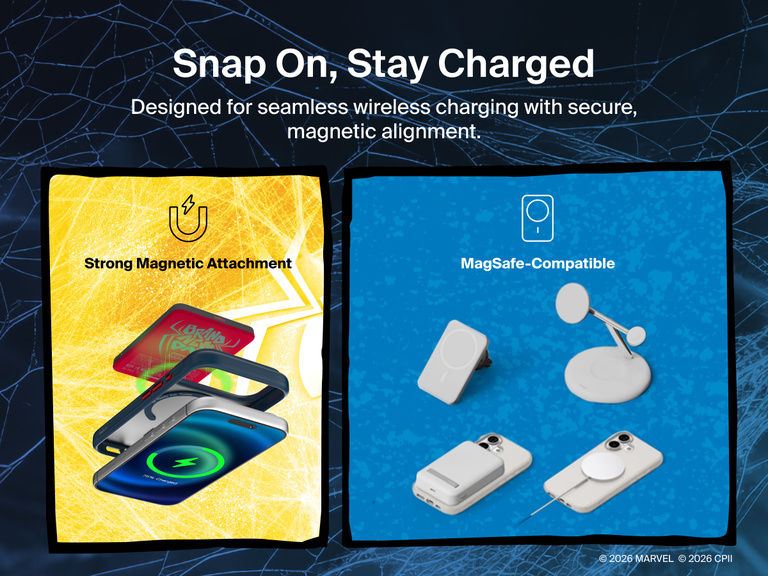 Belkin SheerForce Clear Spider-Man iPhone case highlighting MagSafe compatibility, magnetic alignment, raised edges, and integrated Camera Control button.