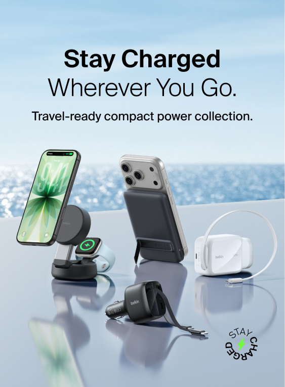 Stay Charged Wherever You Go. Belkin travel-ready power collection: car charger, 3-in-1 MagSafe stand, magnetic battery pack, compact wall charger.