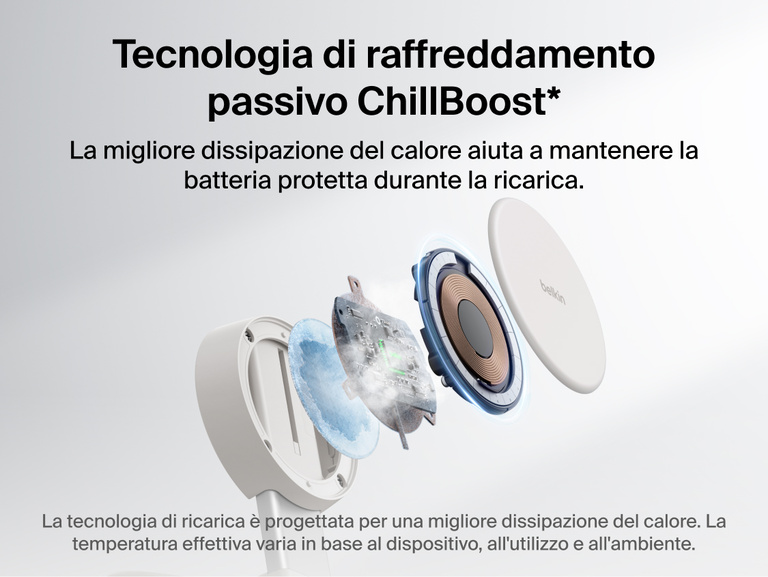 Immagine del caricabatteria magnetico convertibile 2 in 1 con Qi2 25W Belkin UltraCharge Pro con tecnologia di raffreddamento passivo ChillBoost, per una migliore dissipazione del calore e protezione della batteria del dispositivo durante la ricarica wireless rapida.