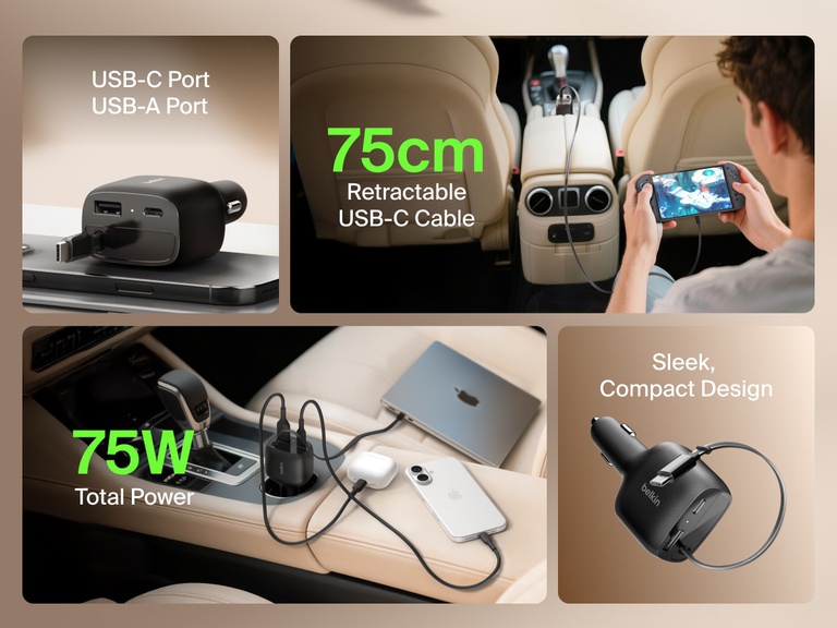 Image of the Belkin BoostCharge Retractable Car Charger 75W featuring dual USB-C and USB-A ports, a 75cm retractable USB-C cable, and a sleek compact design for charging devices on the go.