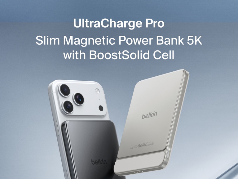 Belkin UltraCharge Pro Slim Magnetic Power Bank 5K with BoostSolid Cell magnetically attached to a smartphone alongside a product view and Qi2 logo.