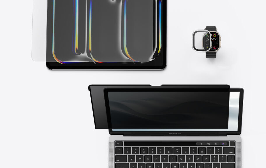 iPad, Apple Watch, and MacBook Pro displayed with screen protectors and privacy filters for multi-device screen protection.