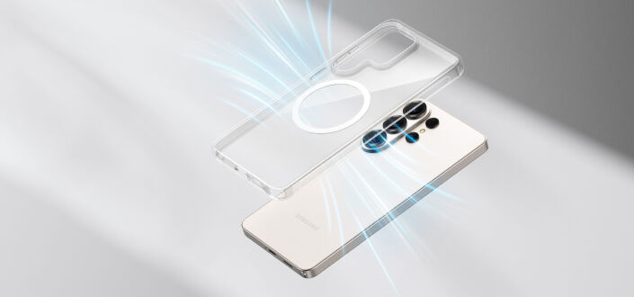 Smartphone and a clear protective case shown floating apart, with light streaks illustrating impact or shock absorption around the device.