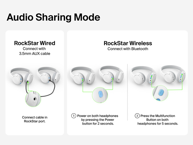 SoundForm Mini 2 Wireless On-Ear Headphones for Kids Audio Sharing Mode setup diagram showing RockStar Wired connection via 3.5mm AUX cable into the RockStar port, and RockStar Wireless pairing using the Power and Multifunction buttons on both headphones