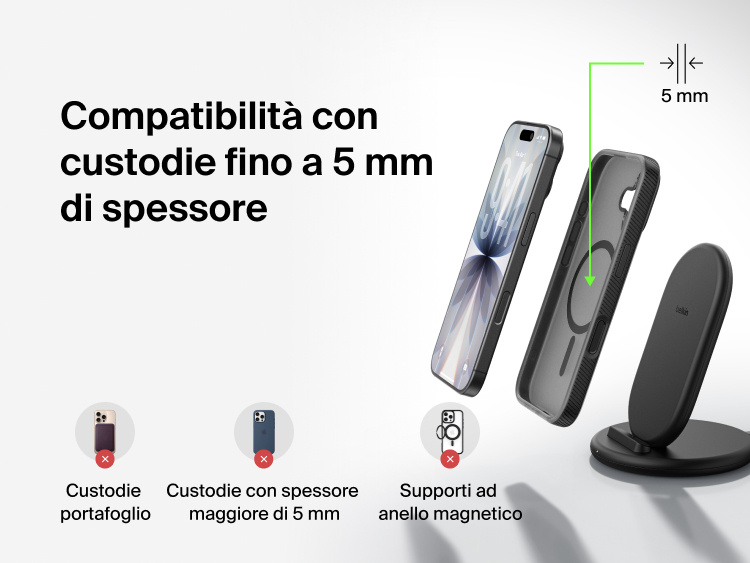 Belkin BoostCharge Wireless Charging Stand 15W shown charging through phone cases up to 5mm thick, not compatible with wallet cases, thick cases, or ring grips.