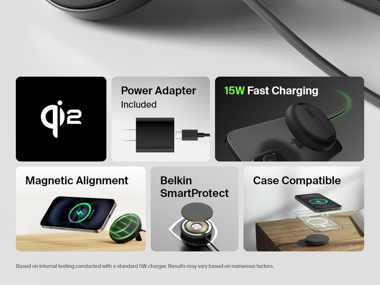Feature overview image of a black Belkin BoostCharge Pro Magnetic Wireless Charging Pad with Qi2 15W, showing Qi2 certification, included power adapter, 15W fast charging, magnetic alignment, Belkin SmartProtect safety, and case compatibility.