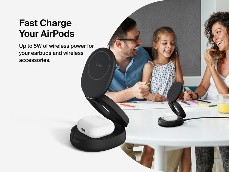 Belkin BoostCharge 2-in-1 Convertible Magnetic Charging Stand with Qi2 15W wirelessly charges AirPods with up to 5W of power, shown in use on a family table.