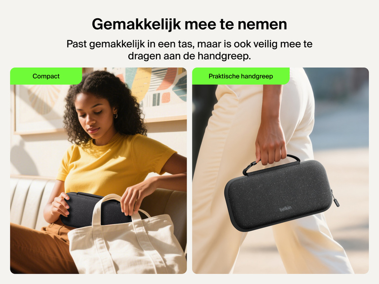 Afbeelding van de Belkin Gaming opberghoes met powerbank voor de Nintendo Switch 2 waarop je kunt zien dat de hoes gemakkelijk in een tas past of met de hand gedragen kan worden aan de praktische handgreep. Ideaal voor op reis.