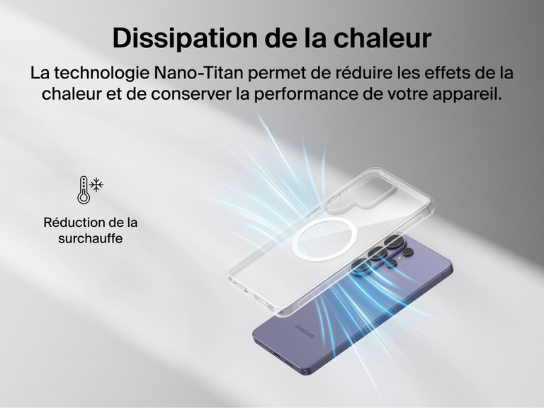 Belkin SheerForce Clear Series Case for Samsung Galaxy S26 shown with Nano-Titan technology supporting heat dissipation to minimize overheating while maintaining a slim, lightweight protective design.