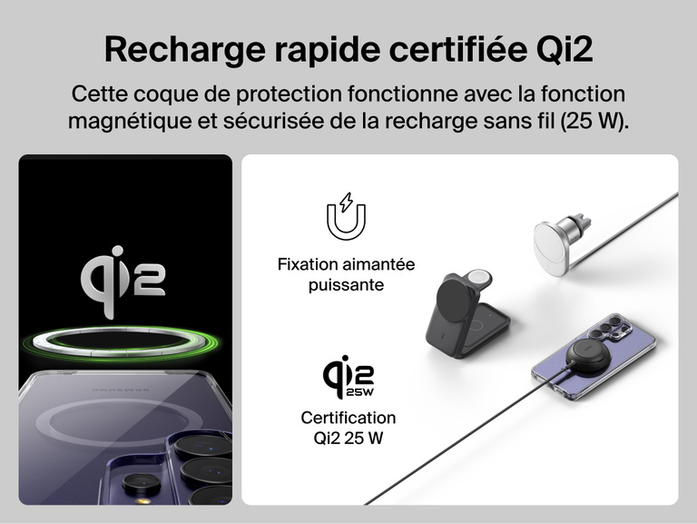 Belkin SheerForce Clear Series Case for Samsung Galaxy S26 shown supporting Qi2-certified 25W wireless charging with secure magnetic alignment for fast, efficient, and reliable charging.