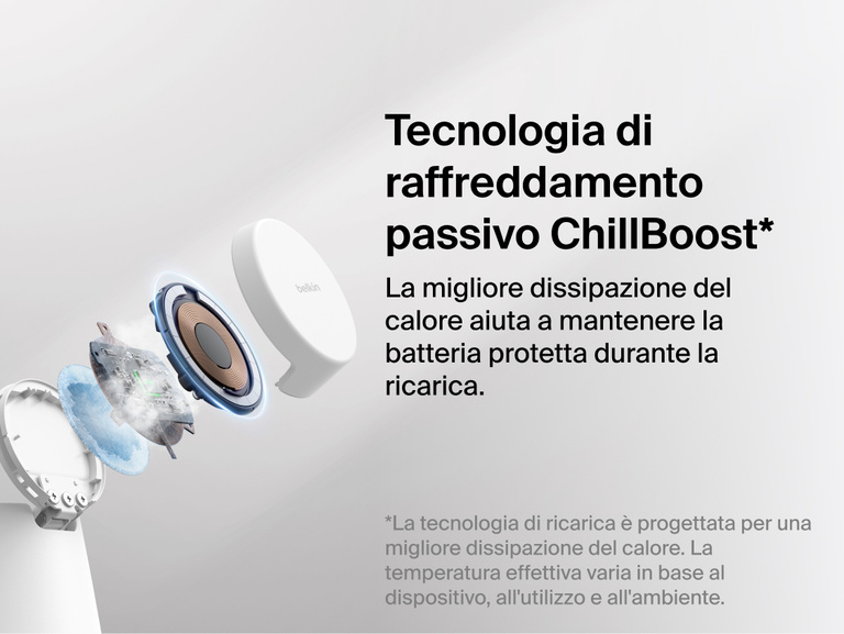 Immagine del dock di ricarica modulare con Qi2 25W Belkin UltraCharge con tecnologia di raffreddamento passivo ChillBoost, per una migliore dissipazione del calore e protezione della batteria del dispositivo durante la ricarica wireless rapida.