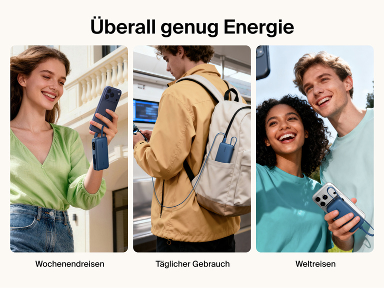 Belkin UltraCharge 10K power bank with integrated USB-C cable and digital display used for portable charging during travel, commuting, and everyday carry