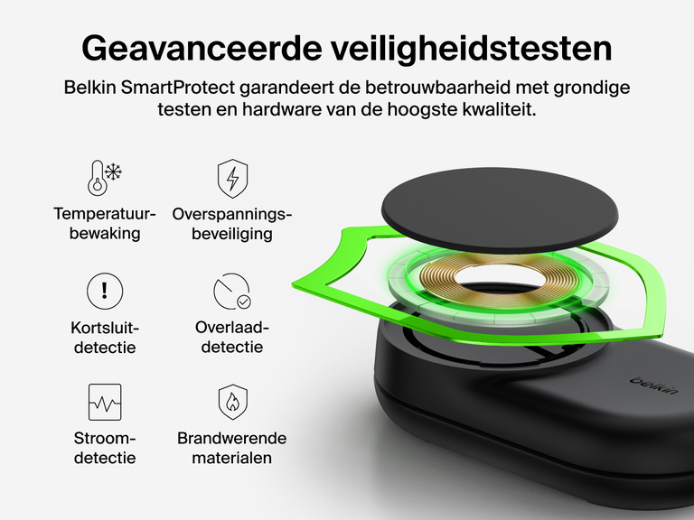 De Belkin UltraCharge 3-in-1 uitklapbare magnetische lader met Qi2 25W biedt Belkin SmartProtect voor extra veiligheid met temperatuurbewaking, overspanningsbeveiliging en brandwerende materialen.