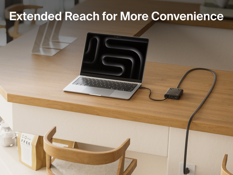 Belkin 2-Outlet Charging Station with USB ports and USB-C cable 70W powering a laptop with extended reach for convenient desk or café use.