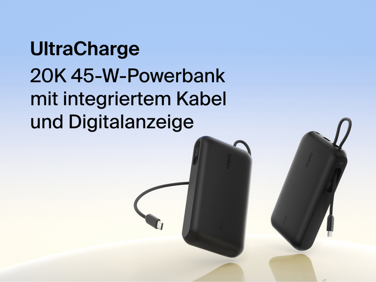 Belkin UltraCharge 20K 45W power bank with integrated USB-C cable and digital display showing portable high-capacity fast charging solution