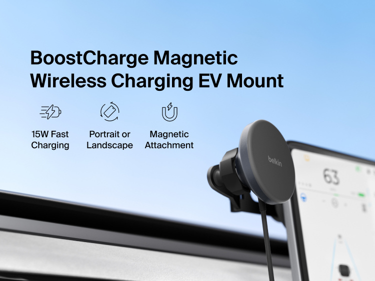 Belkin BoostCharge Magnetic Wireless Charging Car Vent Mount shown attached to a vehicle air vent with Qi2 15W fast charging and portrait- or landscape-ready magnetic phone placement.