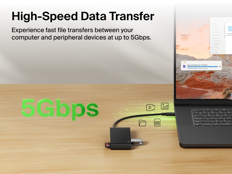 Belkin Connect 7-Port USB-C Hub with Dual USB-C Ports enabling high-speed data transfer up to 5Gbps between laptop and devices.