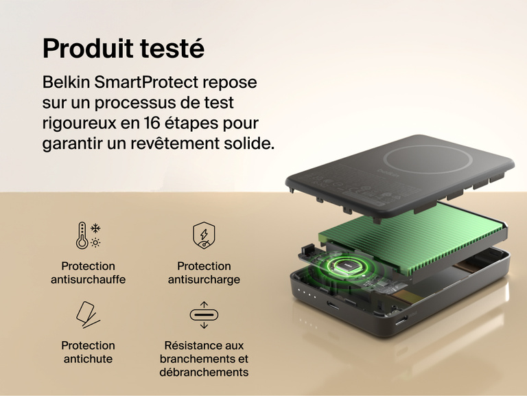 Belkin BoostCharge Slim Magnetic Power Bank 10K internal component view highlighting SmartProtect 16-point safety testing with temperature, overcharge, drop, and plug/unplug protection