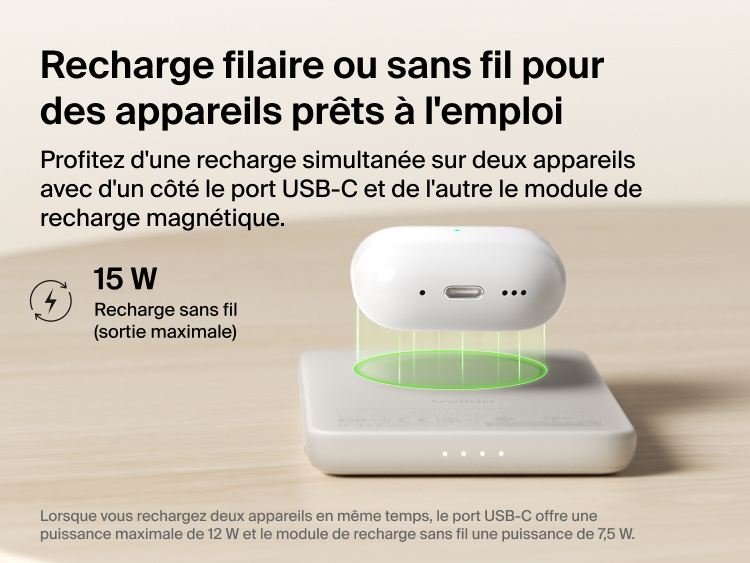 Belkin BoostCharge Slim Magnetic Power Bank 5K with Qi2 providing up to 15W magnetic wireless charging for compatible devices in a slim, portable power bank design.