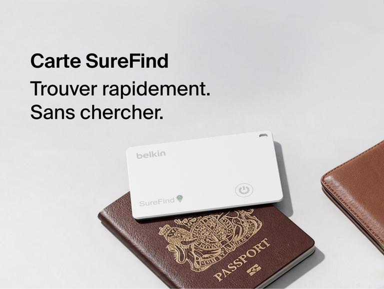 Image de la carte Bluetooth Belkin&nbsp;SureFind pos&eacute;e pr&egrave;s d'un passeport et d'un portefeuille avec en l&eacute;gende &laquo;&nbsp;Trouvez plus d'objets&nbsp;&raquo;. Sans chercher.&nbsp;&raquo;