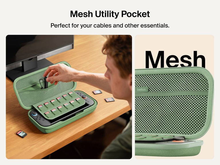 A gamer accesses the mesh utility pocket of the Belkin Gaming Charging Case for Nintendo Switch 2, ideal for storing cables and accessories alongside a 12-slot game card sleeve.