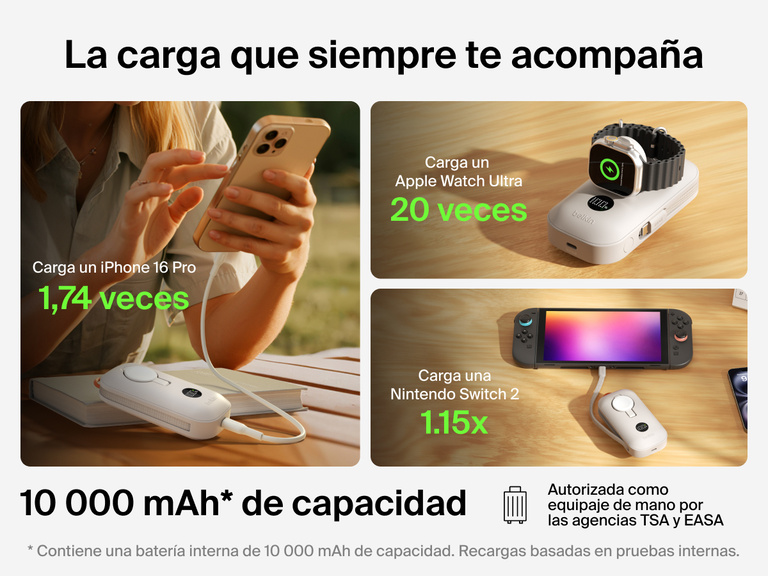 La bater&iacute;a externa de 10 000 mAh con cargador de Apple Watch Belkin BoostCharge Pro cuenta con capacidad suficiente para recargar un iPhone 16 Pro, Apple Watch Ultra y Nintendo Switch 2 sobre la marcha en cualquier lugar. Adem&aacute;s, ha sido autorizada por las agencias de seguridad a&eacute;rea TSA y EASA para llevar como equipaje de mano en los aviones.