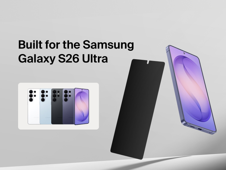 Belkin ScreenForce Titan SmartShield Privacy Filter Screen Protector for Samsung Galaxy S26 shown aligned with the device, illustrating a precise, edge-to-edge fit designed specifically for Galaxy S26 models.