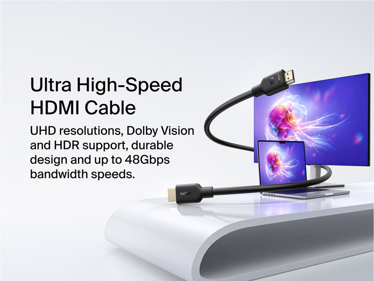 Connect Ultra High-Speed HDMI&reg; Cable (8K) connecting a display, highlighting Ultra High-Speed HDMI performance with support for UHD resolutions, Dolby Vision, HDR, and up to 48Gbps bandwidth.