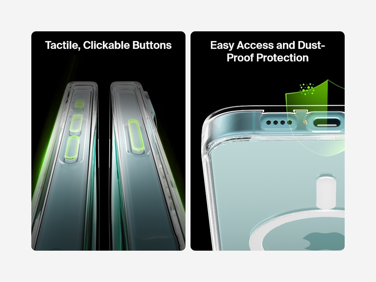A dual-image showcase of the SheerForce™ Magnetic iPhone Case’s tactile, clickable buttons and dust-proof protection. The left image highlights the precisely designed buttons that offer a responsive and comfortable press. The right image focuses on the dust-resistant port cutouts, ensuring easy access while protecting against dirt and debris buildup.