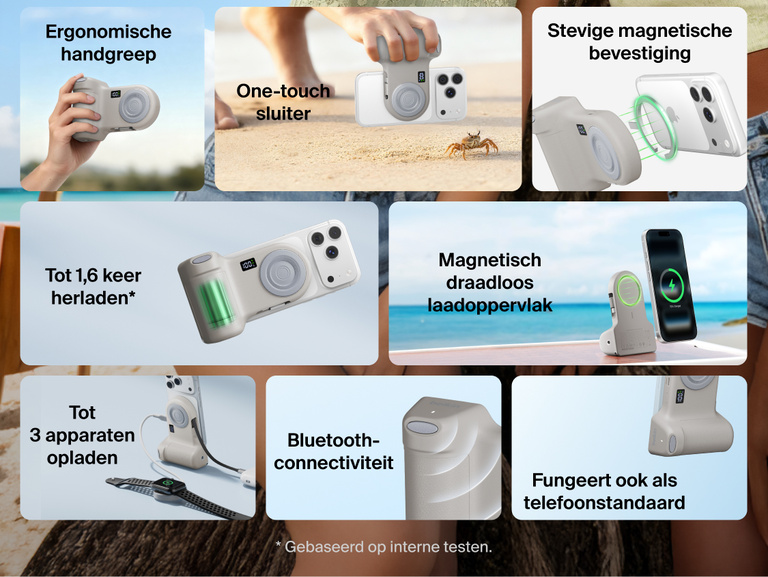 Belkin Stage PowerGrip shown in multiple lifestyle and product views highlighting ergonomic grip design, magnetic wireless charging, Bluetooth connectivity, phone stand functionality, and ability to charge up to three devices.