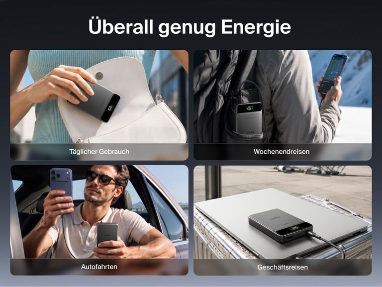 Die Belkin UltraCharge Pro Powerbank 10K mit BoostSolid-Zelle wird als idealer Begleiter f&uuml;r den t&auml;glichen Gebrauch, Wochenendreisen, den Arbeitsweg in der Stadt und Gesch&auml;ftsreisen im Flugzeug gezeigt, wobei die TSA-Konformit&auml;t hervorgehoben wird.