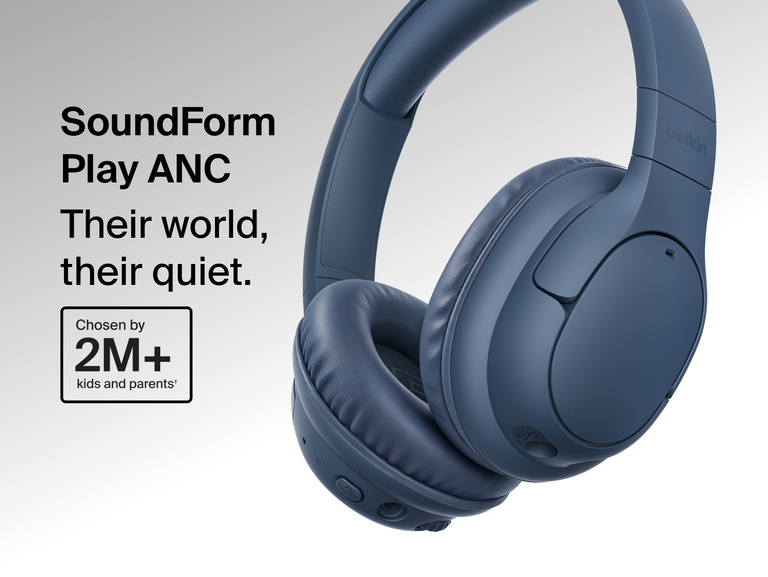 SoundForm Play Active Noise Cancelling Headphones for Kids shown in a close-up view highlighting the padded ear cushion and adjustable headband