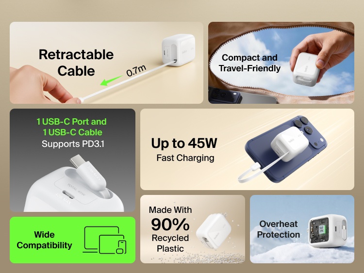 Belkin UltraCharge 45W retractable GaN wall charger with built-in 0.7m USB-C cable, single USB-C port, fast charging, compact travel design, and overheat protection