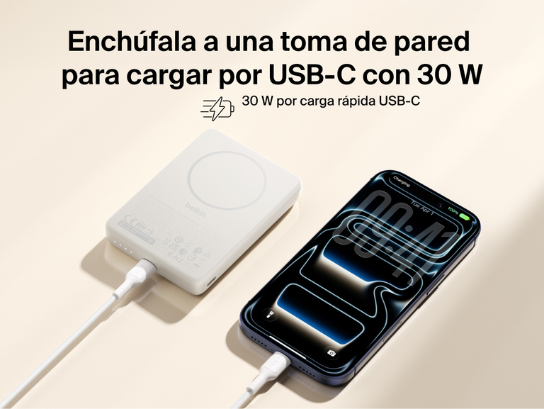 Slim Magnetic Power Bank 10K with Qi2 connected by USB-C cable delivering fast wired charging to smartphone