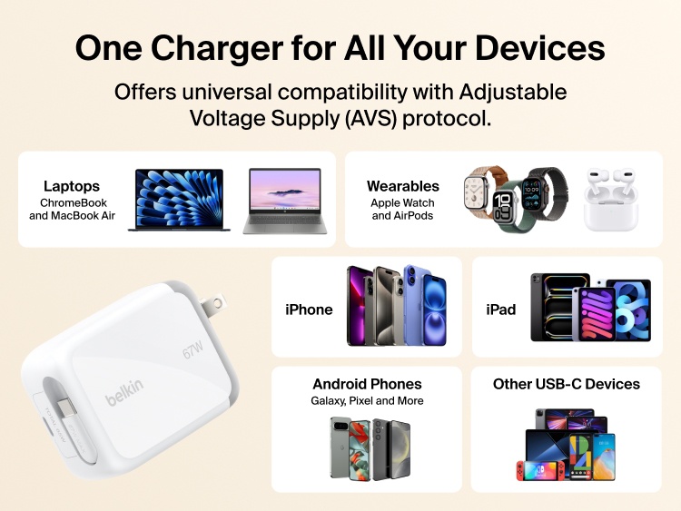 Belkin UltraCharge Retractable GaN Wall Charger 67W with built-in retractable USB-C cable providing universal fast charging for iPhone, Android phones, laptops, tablets, and wearables.