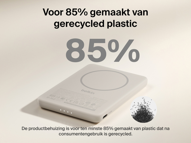 Belkin BoostCharge Slim Magnetic Power Bank 5K shown with text highlighting that its housing is made from 85% post-consumer recycled plastic for sustainable design.