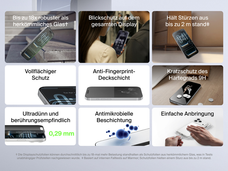 Belkin ScreenForce InvisiGlass Screen Protector for iPhone with up to 18x stronger glass, 9H scratch resistance, 6.5 ft drop protection, ultra-thin 0.29mm design, anti-fingerprint coating, antimicrobial treatment, and easy edge-to-edge application.