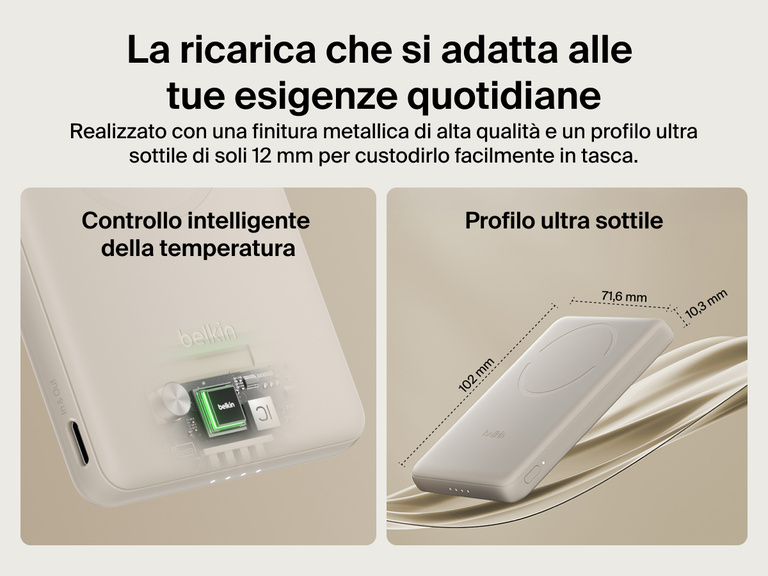 Belkin BoostCharge Slim Magnetic Power Bank 5K shown with smart thermal control and ultra-slim 0.5-inch profile designed for portable, pocket-friendly charging.