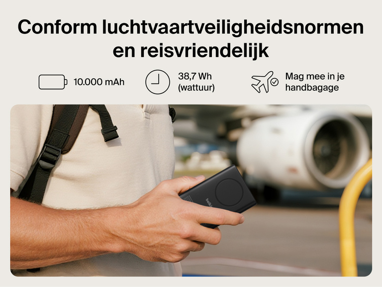 Belkin UltraCharge Pro Power Bank 10K with magnetic ring shown in hand at an airport, highlighting TSA-compliant 10,000 mAh capacity for travel-ready portable charging.