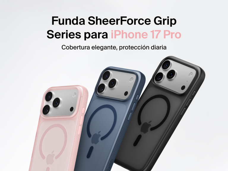 Belkin SheerForce Grip Series protective case for iPhone 17 shown in pink, clear, and black with slim design and MagSafe compatibility.