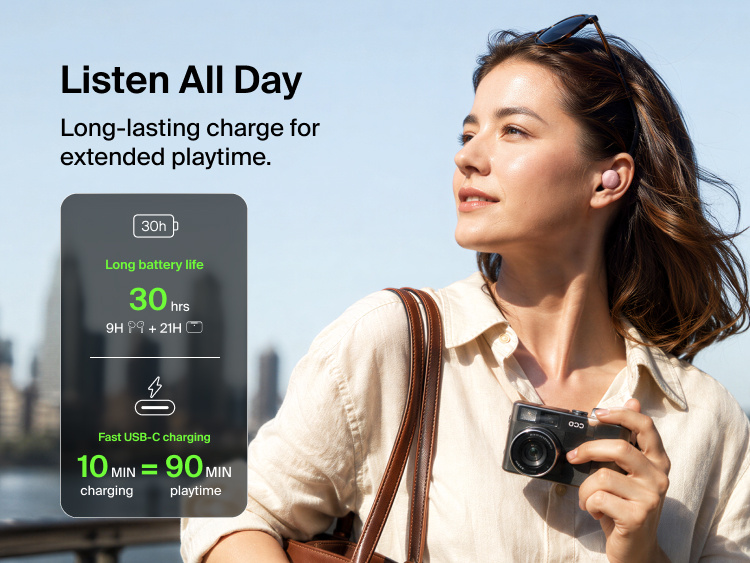 Person wearing a SoundForm Dot Wireless Earbud outdoors, highlighting long battery life and fast USB-C charging with 10 minutes of charging for 90 minutes of playtime