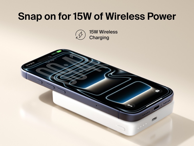 Slim Magnetic Power Bank 10K with Qi2 magnetically attached to smartphone demonstrating wireless charging capability