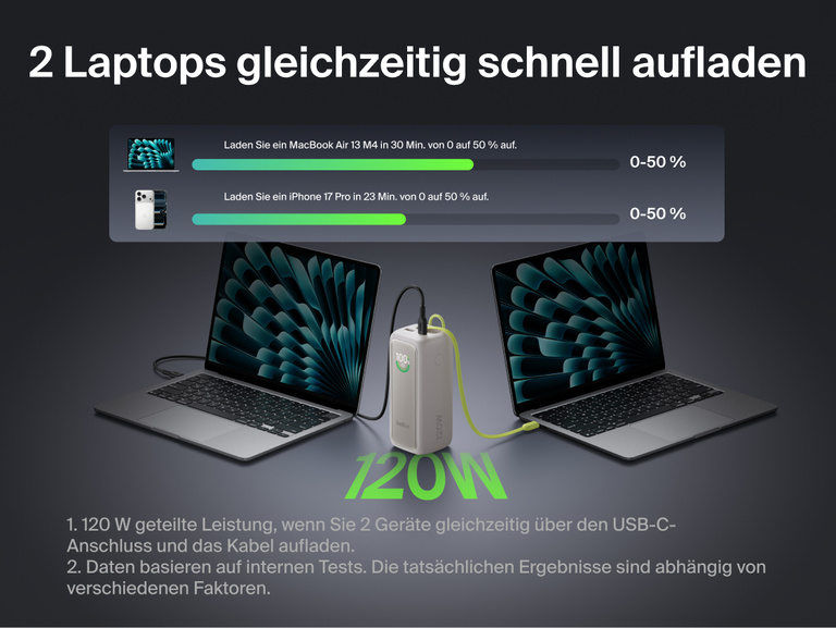 UltraCharge Powerbank 22K mit einziehbarem Kabel, mit ge&ouml;ffnetem Geh&auml;use dargestellt, um die internen Akkuzellen sichtbar zu machen und die Kapazit&auml;t von 22.000 mAh f&uuml;r mehrfaches Aufladen von Laptops und Smartphones zu veranschaulichen.