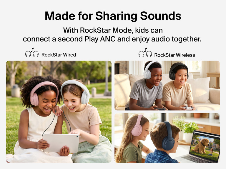 Children wearing SoundForm Play Active Noise Cancelling Headphones for Kids together outdoors and indoors, demonstrating RockStar Mode for sharing audio between two wired or wireless headphones
