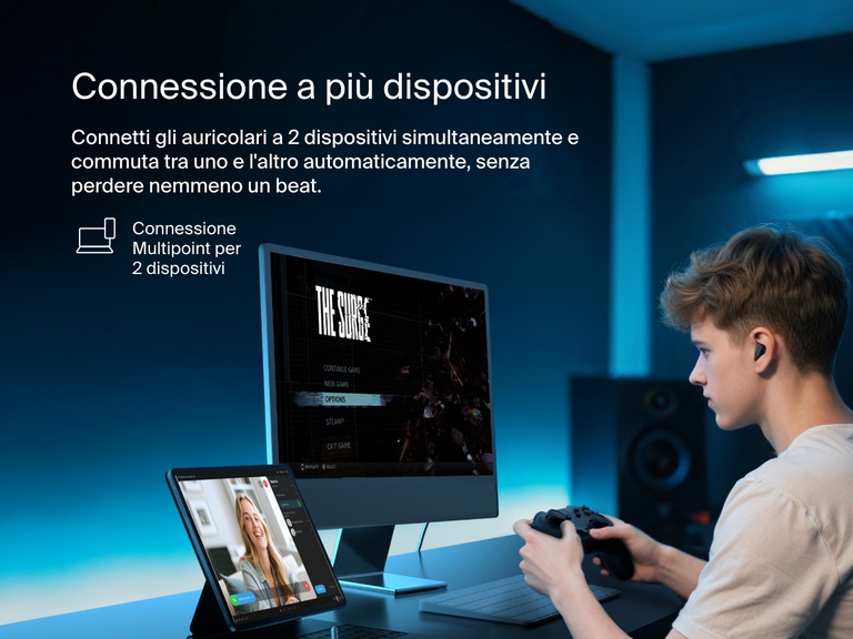 Belkin SoundForm Anywhere Wireless Earbuds with multipoint 2-device connection letting users switch seamlessly between gaming and video calls.