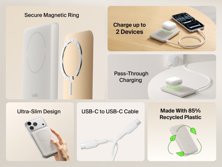 Belkin BoostCharge Slim Magnetic Power Bank 5K with Qi2 shown highlighting secure magnetic attachment, ultra-slim design, dual-device charging, USB-C connectivity, pass-through charging, and sustainability features.