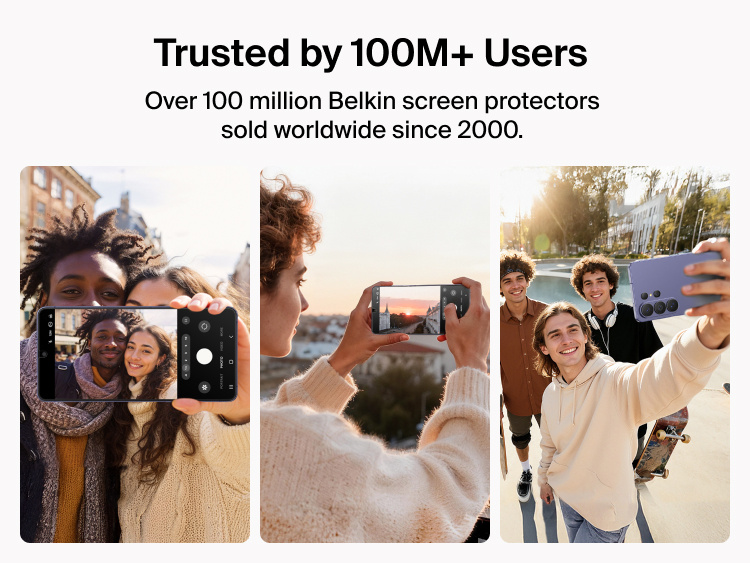 Belkin ScreenForce Titan EcoGuard Anti-Reflective Screen Protector for Samsung Galaxy S26 highlighted as trusted by over 100 million users worldwide, shown in everyday photo and video use scenarios.