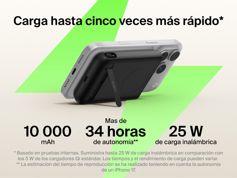 Belkin UltraCharge Pro Power Bank 10K with magnetic ring attached to a smartphone, highlighting up to 25W wireless fast charging, 10,000 mAh capacity, extended battery life, and built-in kickstand for hands-free use.